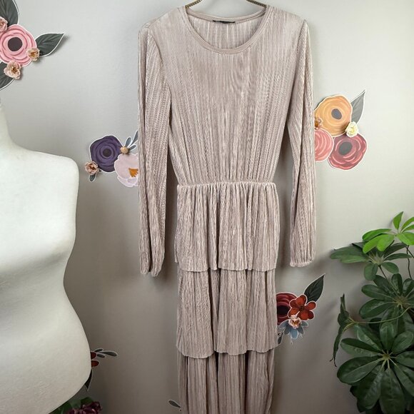 Zara Pleated Tiered Champaign Sheen Long Sleeve Dress - Size - Small - Picture 1 of 6